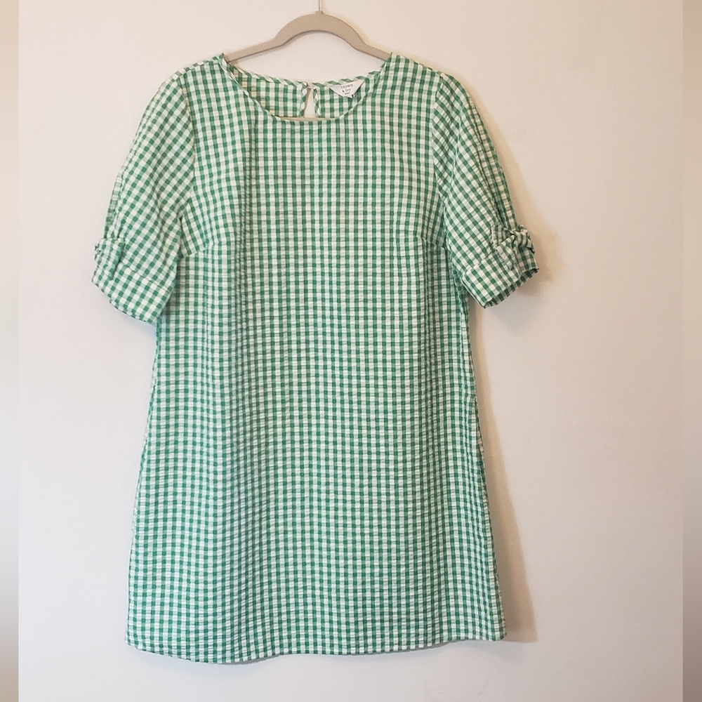 🔥 NWT 🔥 Crown & Ivy Green/White Gingham Seersucker Shift Dress